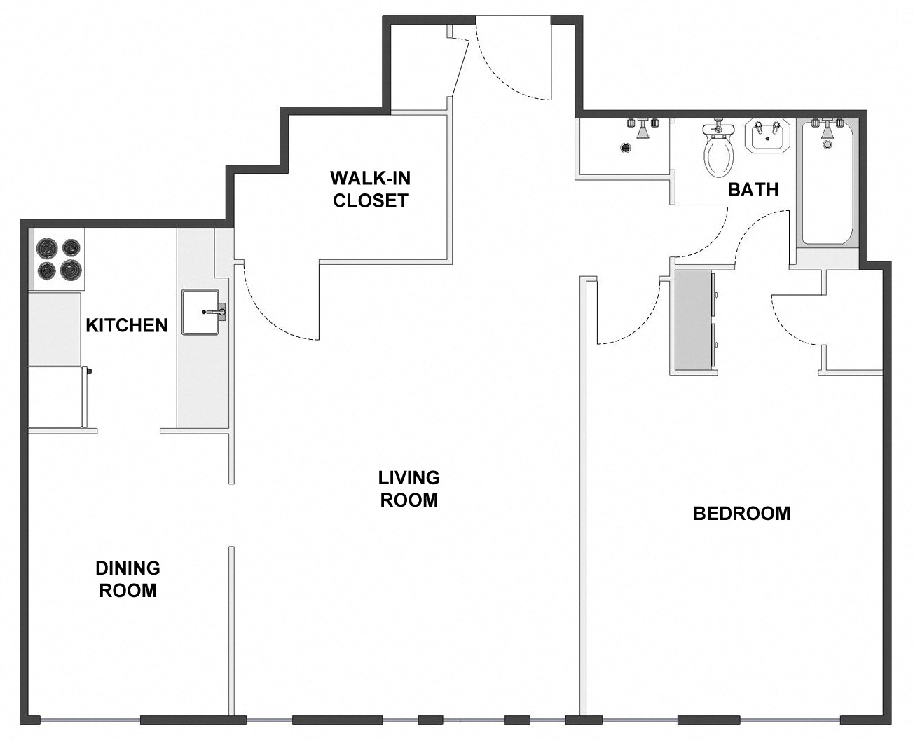 Floor plan for 1 bed, 1 bath, 855 sqft